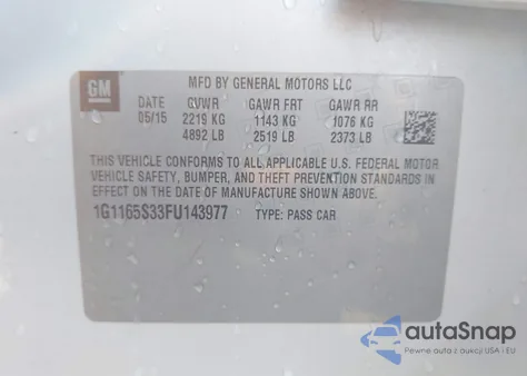 2015 Chevrolet Impala 2Lz z USA, uszkodzony, nr VIN 1G1165S33FU143977